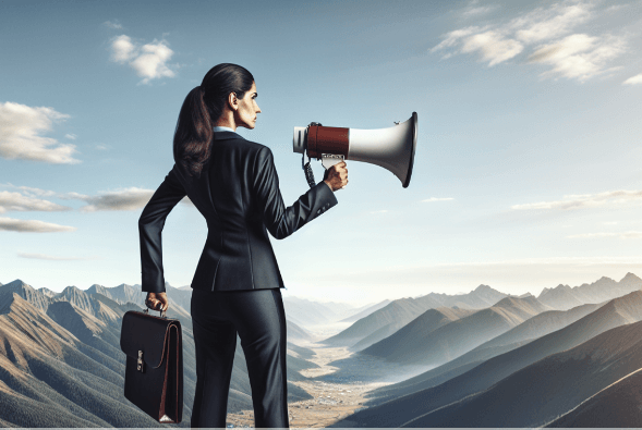 A confident Middle-Eastern woman in a professional business suit stands on a mountain, holding a megaphone and overlooking a sprawling landscape of valleys, forests, and distant mountain ranges.
